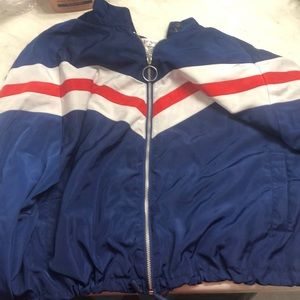 blue sweater with red&white strips